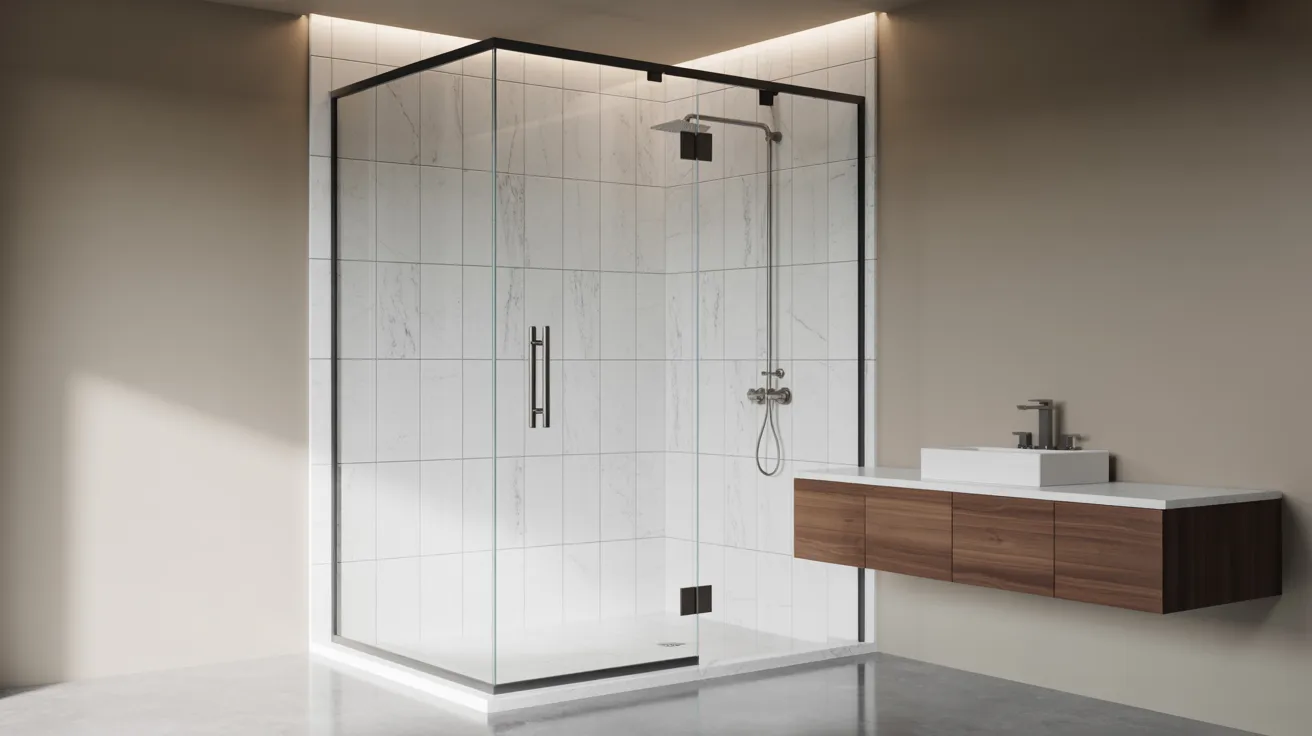 Modern bathroom with glass-enclosed shower featuring white tiles and black trim. A wooden floating vanity and sink are on the right. Sleek and minimalist design.