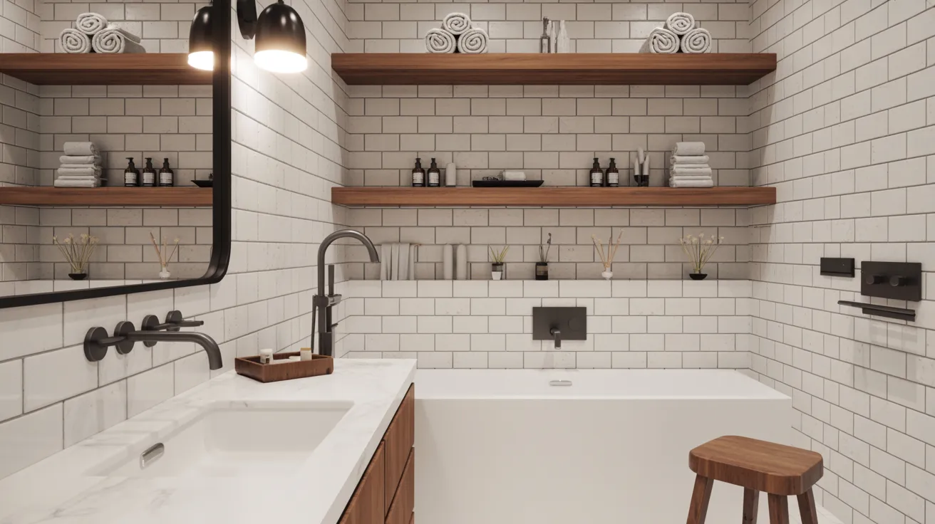 Modern bathroom with white subway tiles, a rectangular sink, and a bathtub. Wooden shelves hold towels and essentials. Warm overhead lighting creates a cozy ambiance.