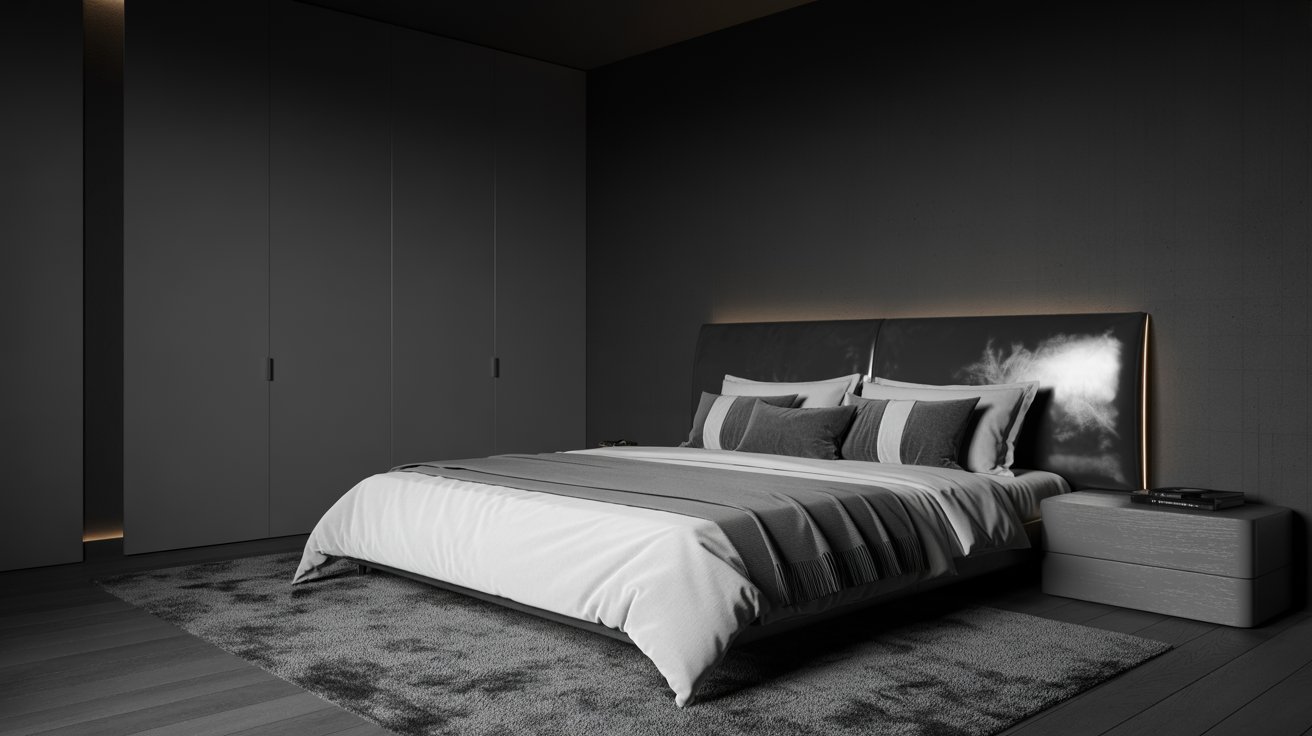 A modern bedroom features a neatly made bed with gray and white bedding, a sleek headboard, and a matching gray nightstand, creating a serene ambiance.