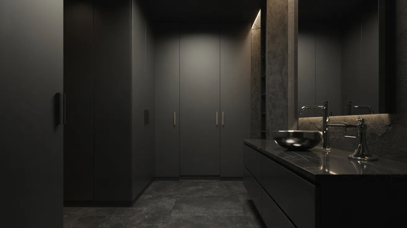 A sleek, modern bathroom with dark tones, featuring a shiny metal bowl sink, black cabinets, and soft lighting, creating a minimalist, serene ambiance.