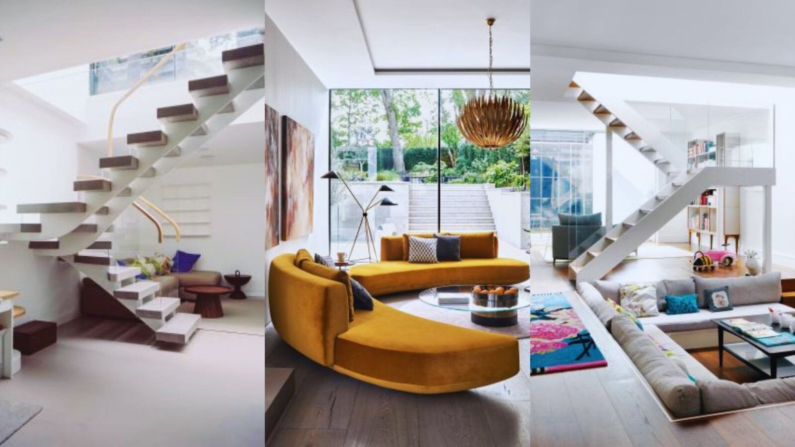 A collage of modern interiors showcasing sleek, open staircases; a cozy living room with a mustard yellow sofa, large windows, and a peaceful, elegant ambiance.