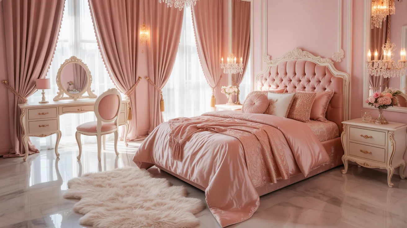 Elegant pink bedroom, featuring a tufted bed with satin bedding, a vintage vanity table, ornate chandeliers, and plush curtains for a luxurious feel.