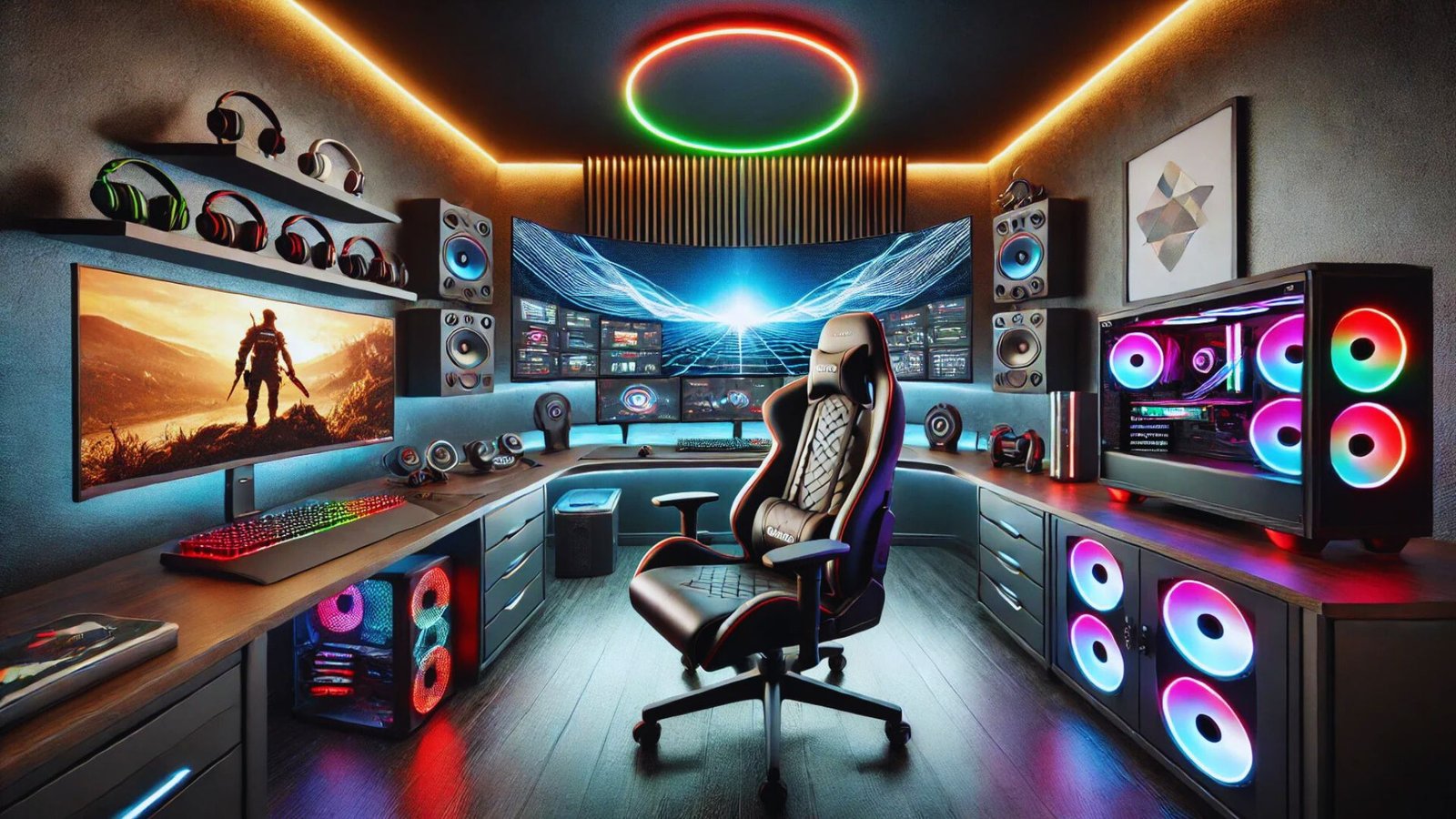 A futuristic gaming setup with vibrant LED lights. Features multiple monitors displaying graphics, a powerful PC, gaming chair, and headsets on shelves.