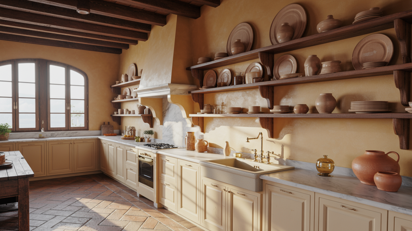 Warm, rustic kitchen with terracotta tiles, wooden shelves, and beige cabinets. Sunlit windows, pottery, and plants create a cozy, inviting atmosphere.