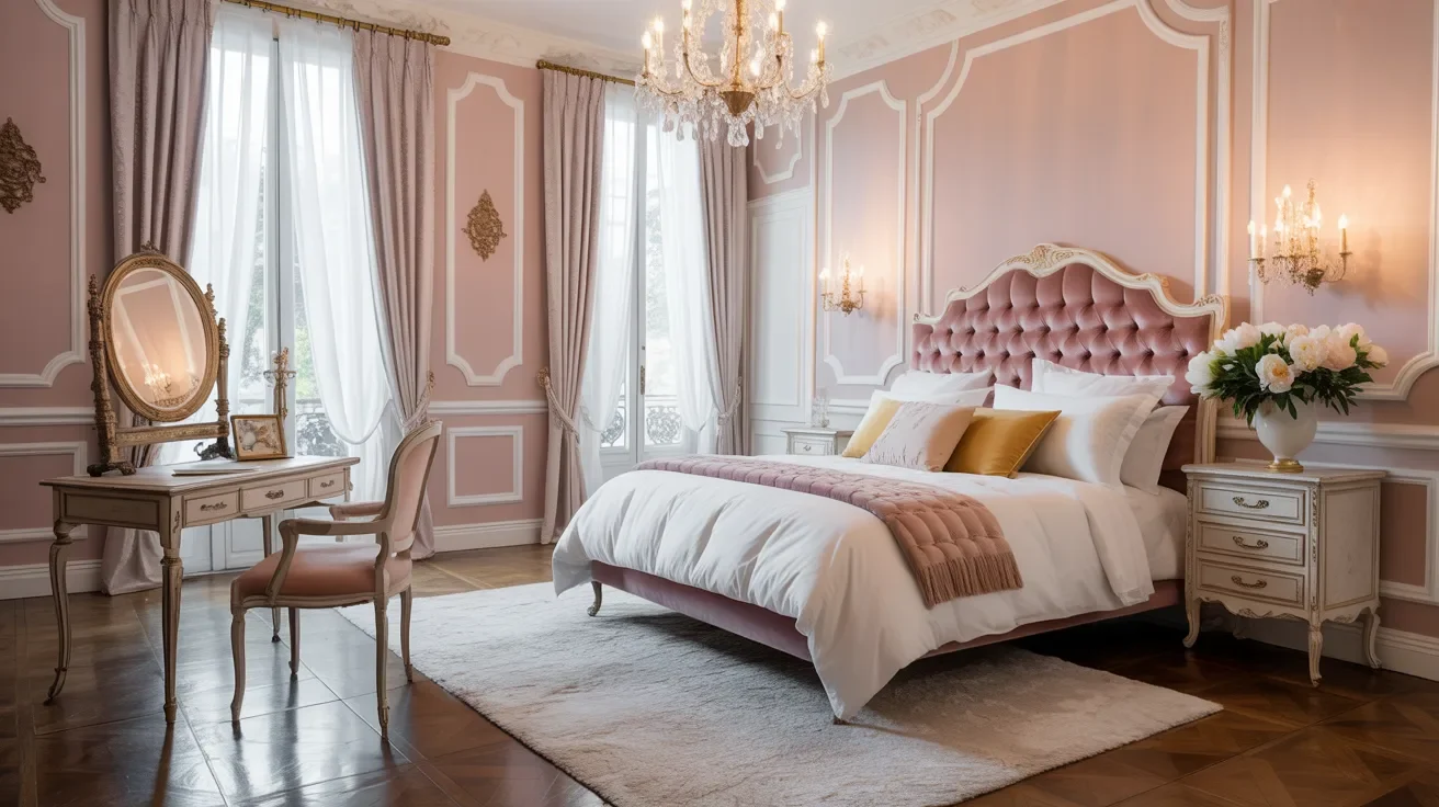 Elegant bedroom with a plush pink headboard, gold accents, and a chandelier. Features a vintage vanity, ornate moldings, and soft natural light.