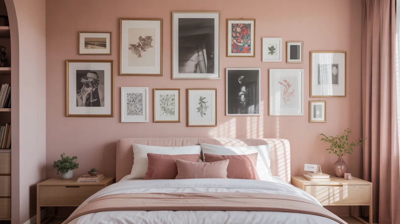 A cozy bedroom with pink walls features a neatly made bed adorned with pink and white bedding. Above the bed, a gallery wall displays various framed art pieces in neutral tones. Natural light streams in from a window, creating a tranquil and inviting atmosphere.