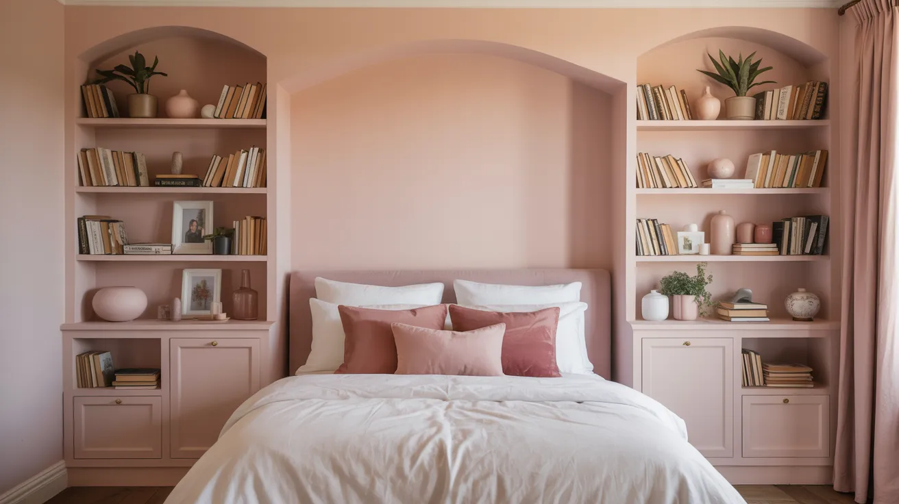 A cozy bedroom with a pink theme features a plush bed with white and pink pillows, flanked by bookshelves filled with books, plants, and decorative items.