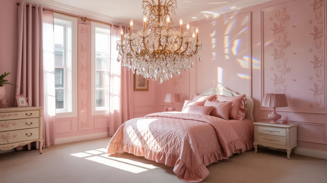 Elegant pink bedroom with ornate decor; features a large chandelier, plush bed, soft lighting, vintage dresser, and floral-patterned walls. Luxurious ambiance.
