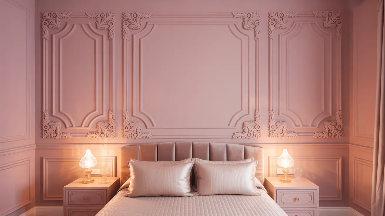 Elegant bedroom with pastel pink walls featuring ornate molding. A plush bed with two pillows is flanked by matching nightstands, each with a glowing lamp.