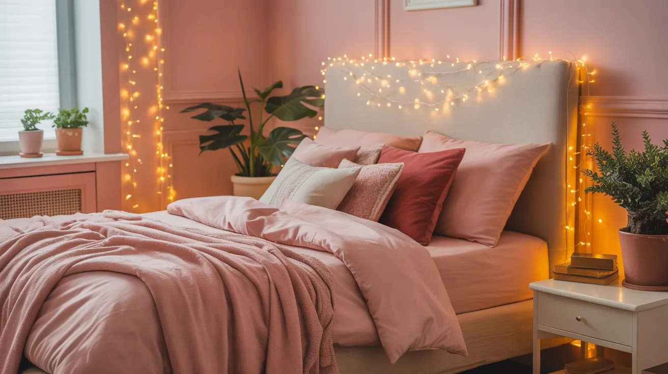 Cozy bedroom with soft pink walls and bedding. A cushioned headboard is adorned with warm string lights. Potted plants add a fresh touch.