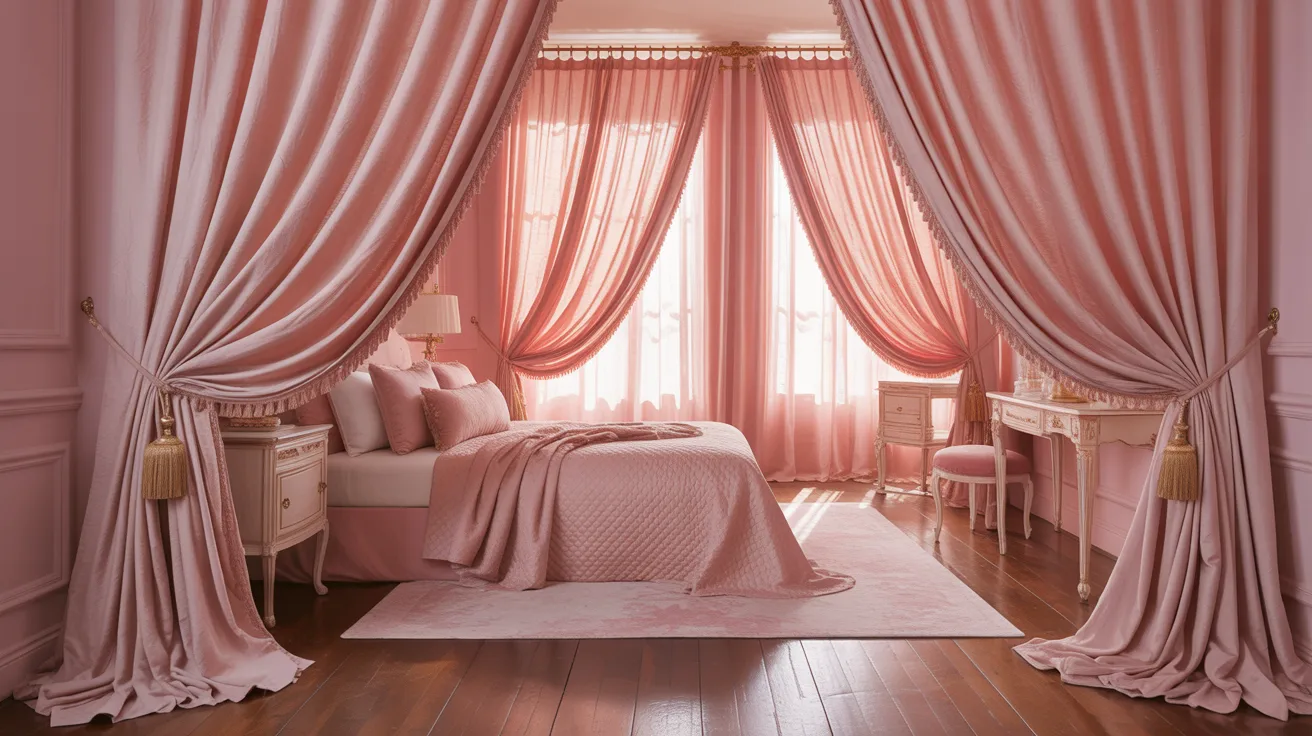 Luxurious bedroom with pink satin curtains, a plush bed with pink bedding, and elegant furniture. Sunlight filters through, creating a serene, romantic ambiance.