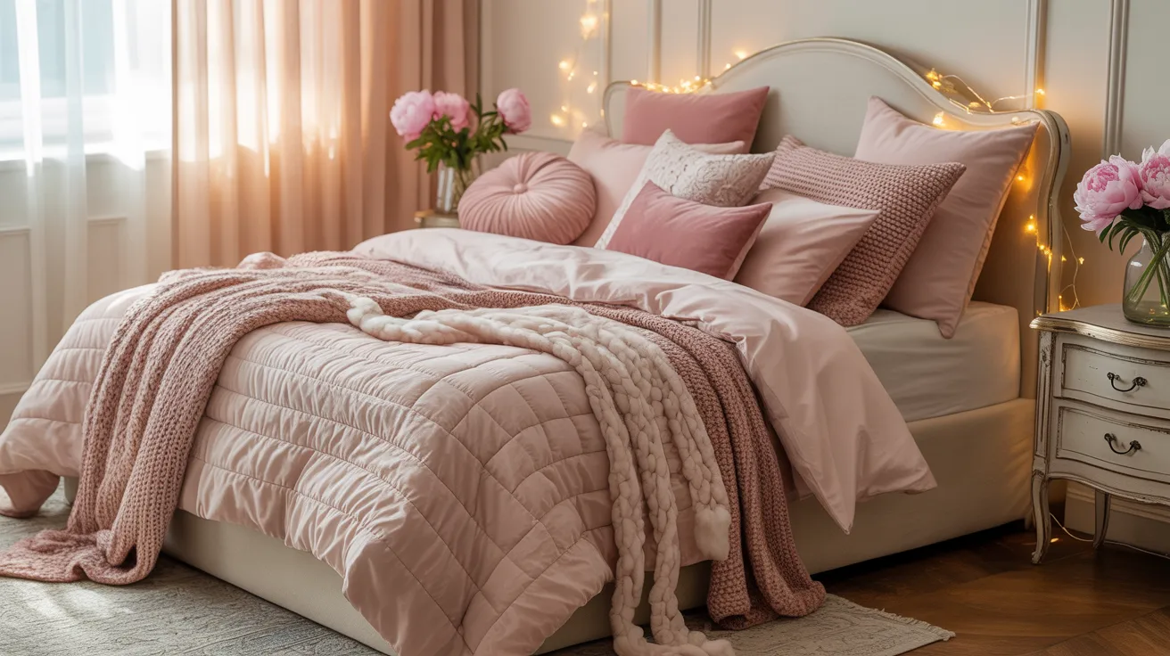 A cozy bedroom with a soft pink color scheme. The bed has plush pillows, a knitted blanket, fairy lights above, and peonies in vases for a serene ambiance.