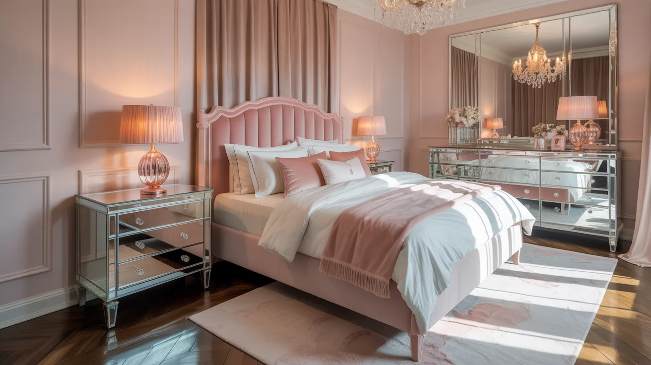 Elegant bedroom with a soft pink theme. Features a plush bed with matching pillows, mirrored nightstands, warm table lamps, and a large ornate mirror.