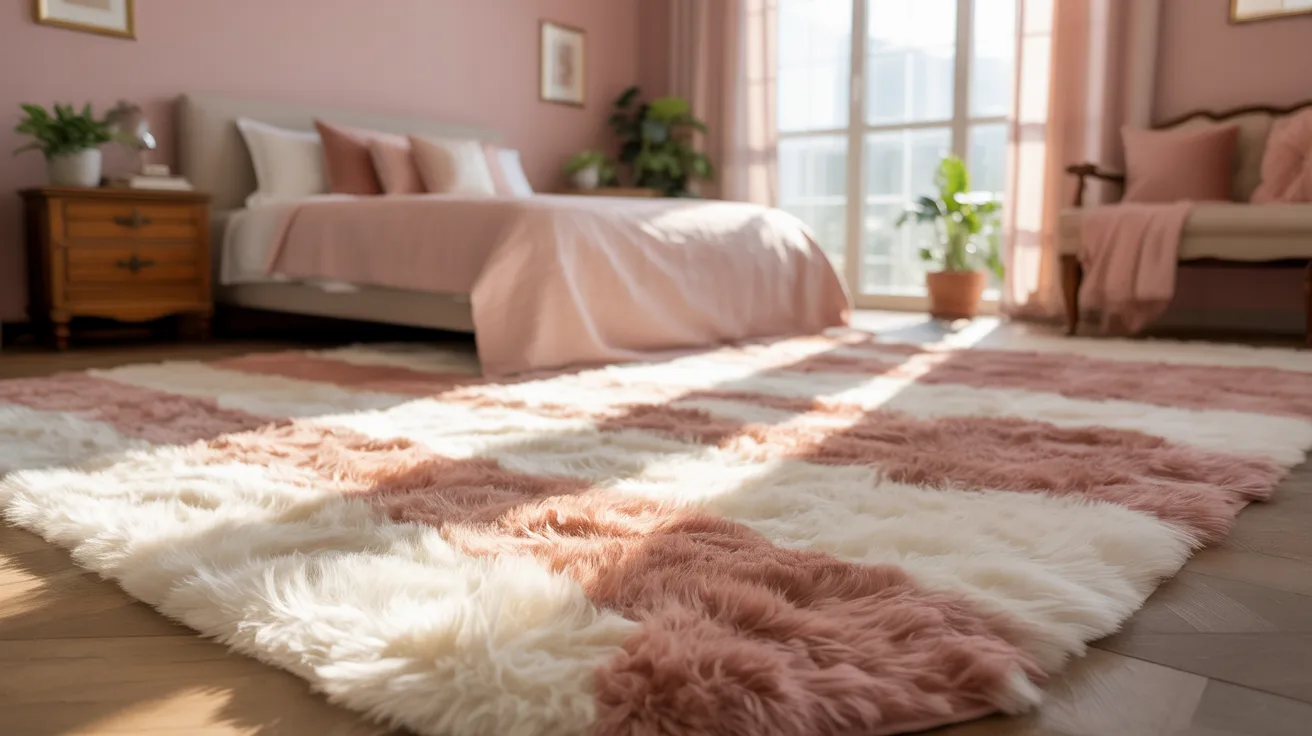 Luxurious bedroom with a pink velvet headboard, soft pillows, and a matching blanket. White and gold bedside tables with elegant lamps and pink flowers.