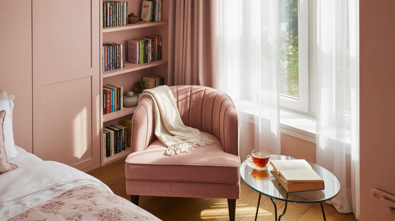 Cozy pink-themed room with an armchair, a blanket draped over it, a glass table with a book and tea, and a window with sheer curtains.