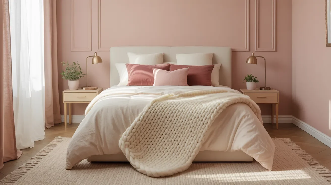Cozy bedroom with blush pink walls, a white bed, and pink cushions. A chunky cream throw adds warmth. Brass lamps and potted plants adorn wood nightstands.