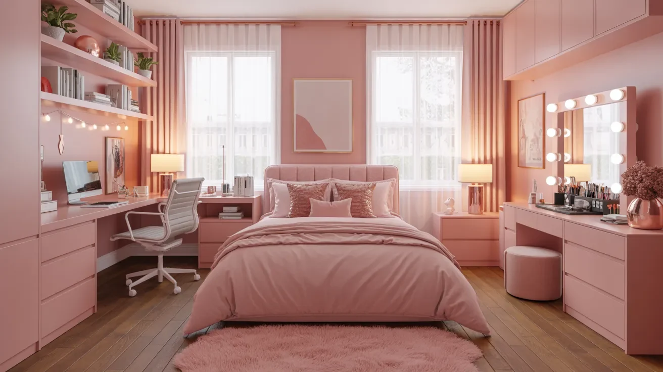 A cozy pink bedroom features a plush bed, furry rug, and makeup vanity with lighted mirror. Soft lighting and decorative accents create a warm, inviting ambiance.
