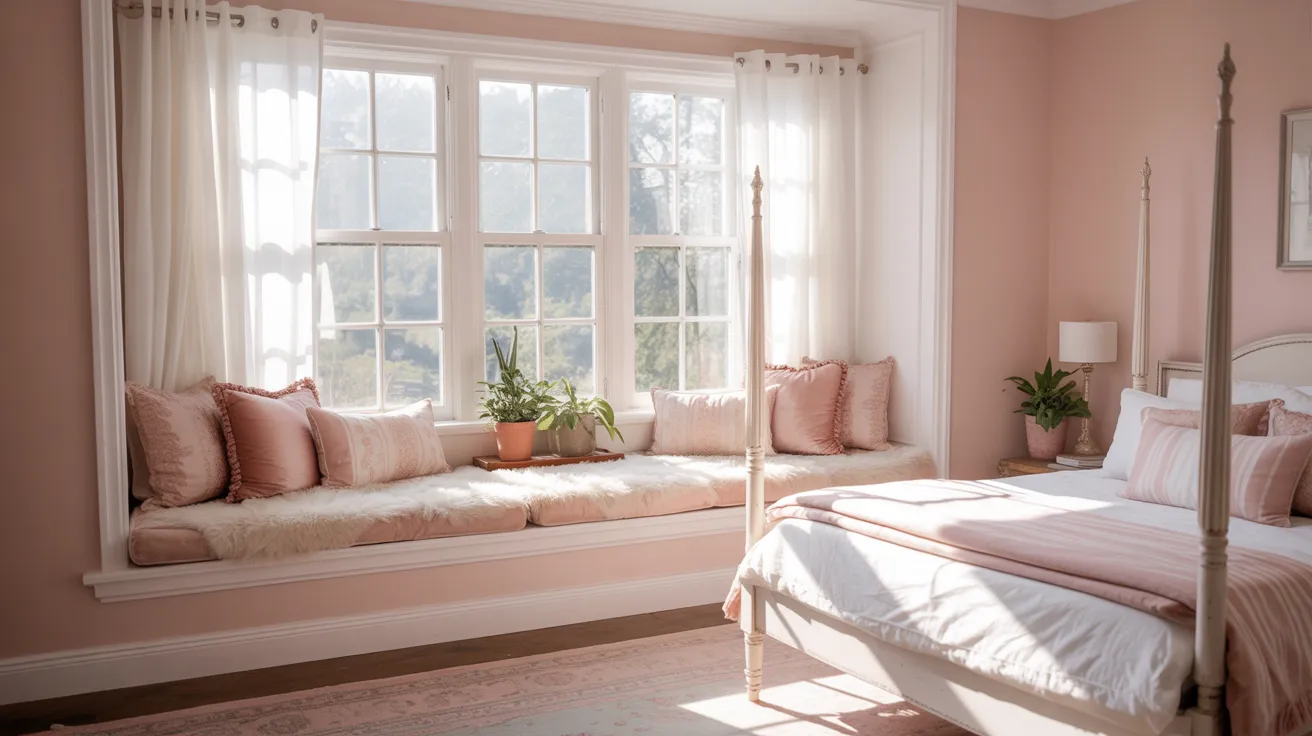 Sunlit bedroom with soft pink walls, a cozy window seat with cushions, and a bed adorned with pastel bedding. The ambiance is serene and inviting.