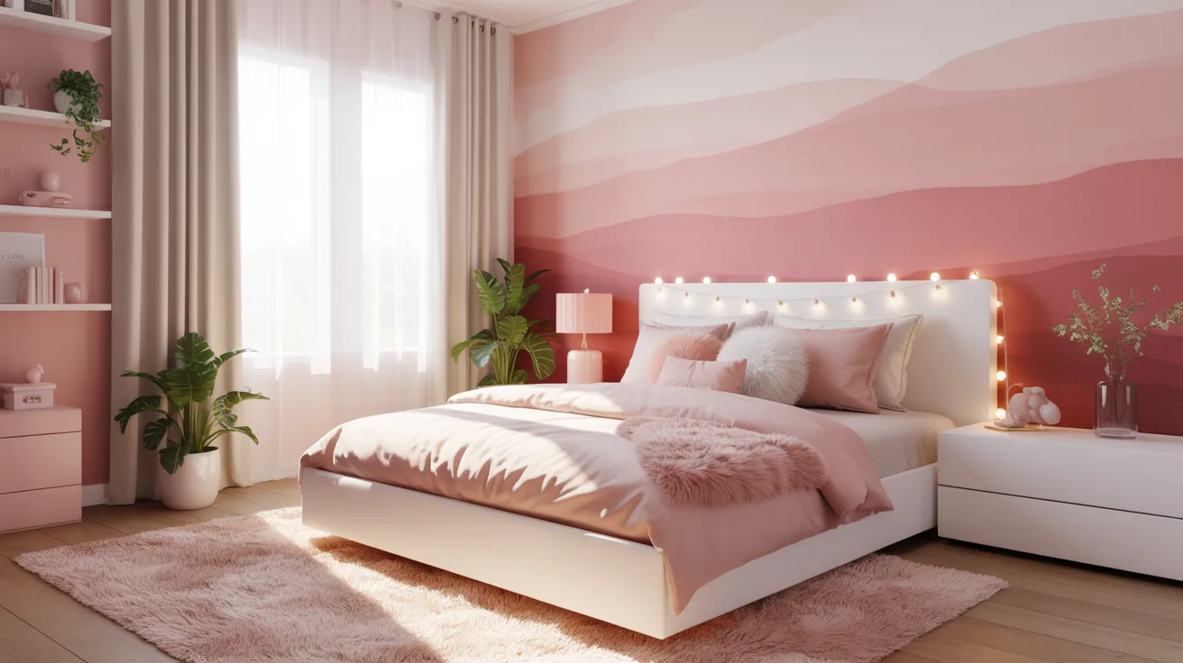 Cozy pink-themed bedroom with a white bed, pink bedding, and a fluffy rug. The wall has a pink gradient mural, and fairy lights adorn the headboard. Natural light streams through sheer curtains, adding a warm glow.
