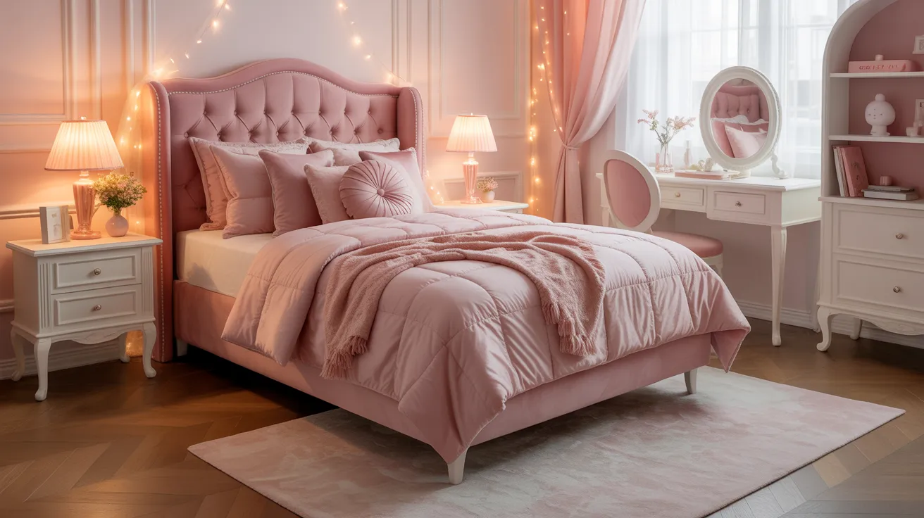 A cozy, elegant bedroom in soft pink tones features a plush bed with pillows and a throw blanket. Warm string lights and a vanity create a serene ambiance.