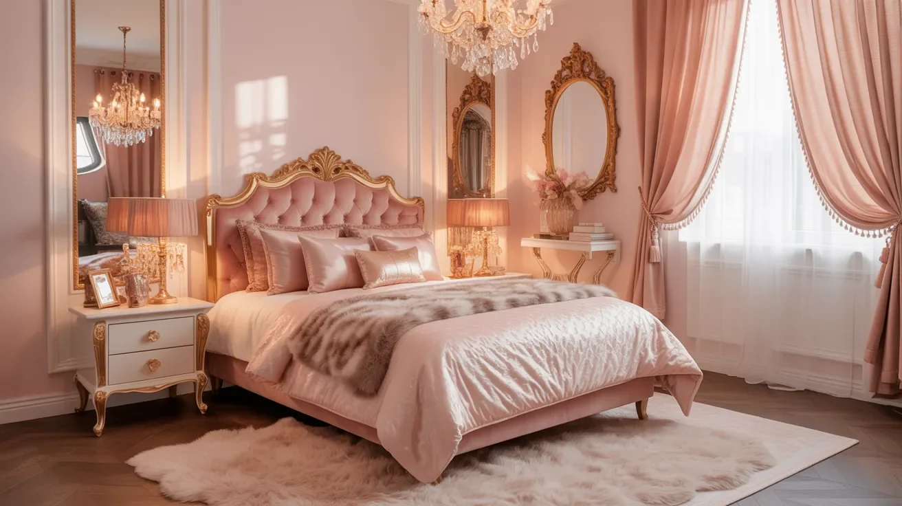 Elegant bedroom with a luxurious pink color scheme. Features a tufted bed, gold accents, ornate mirrors, soft lighting, sheer curtains, and a plush rug.