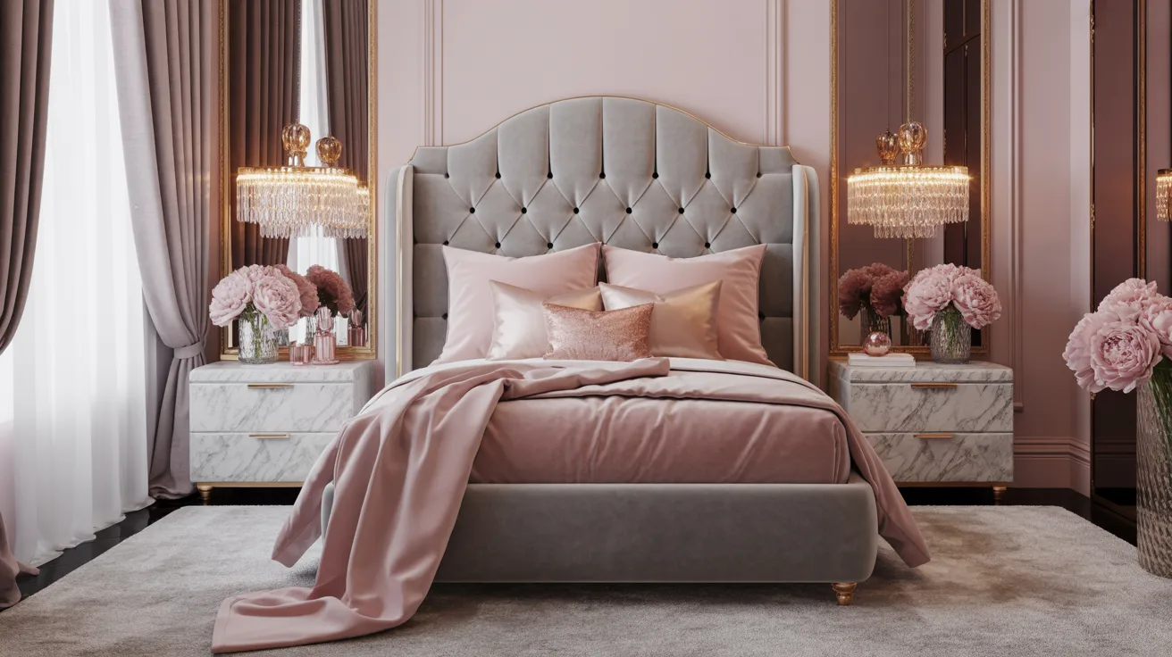 Luxurious bedroom with a gray tufted headboard, pink bedding, and plush pillows. Crystal chandeliers and pink flowers adorn marble side tables. Elegant and serene.