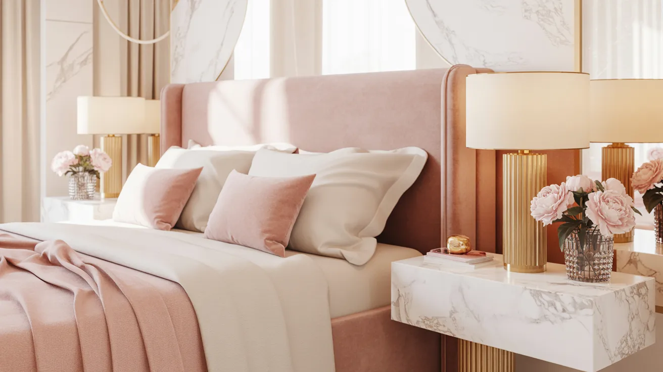 Luxurious bedroom with a pink velvet headboard, soft pillows, and a matching blanket. White and gold bedside tables with elegant lamps and pink flowers.