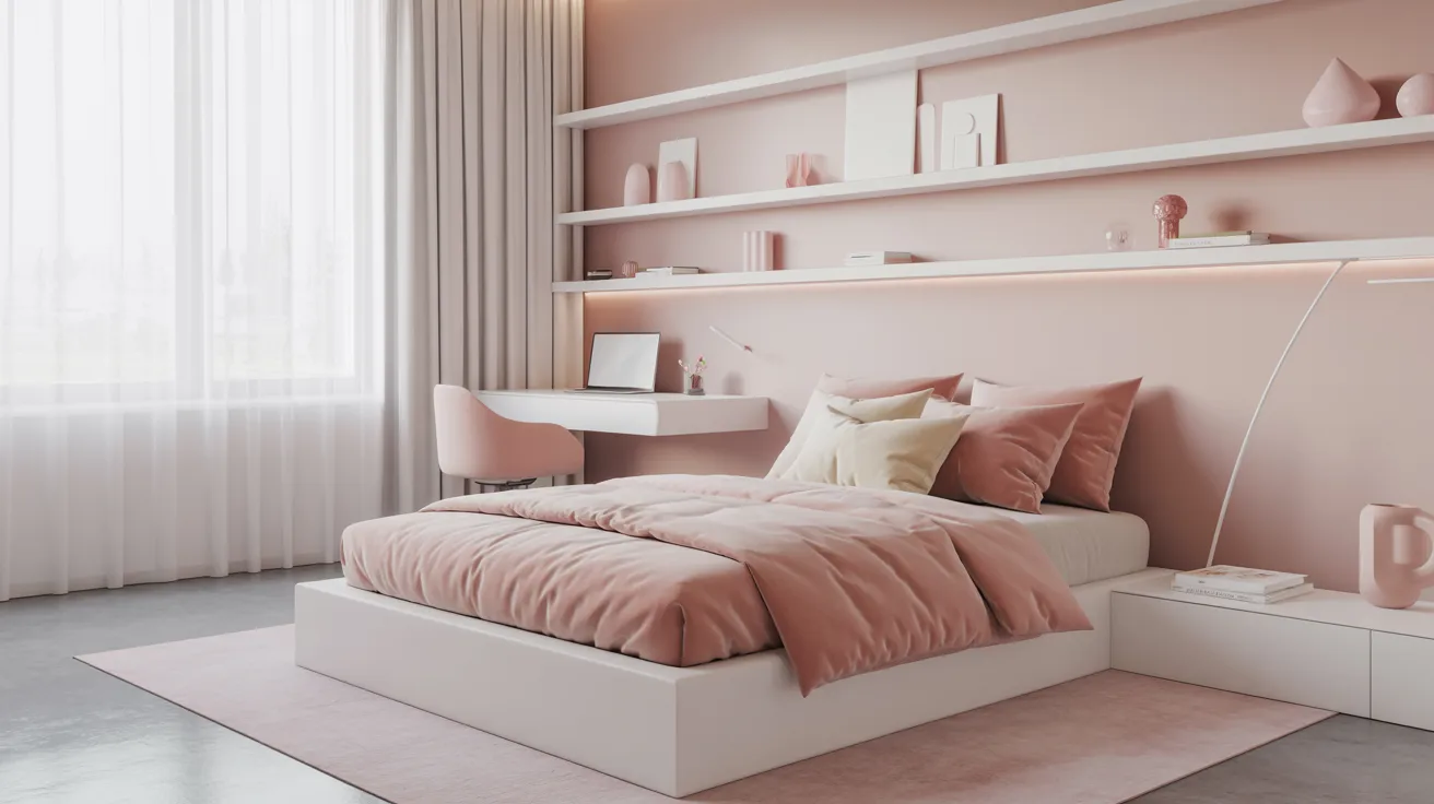 A modern bedroom with a soft pink color scheme features a neatly made bed with pillows, a sleek desk with a laptop, and shelves with decorative items.
