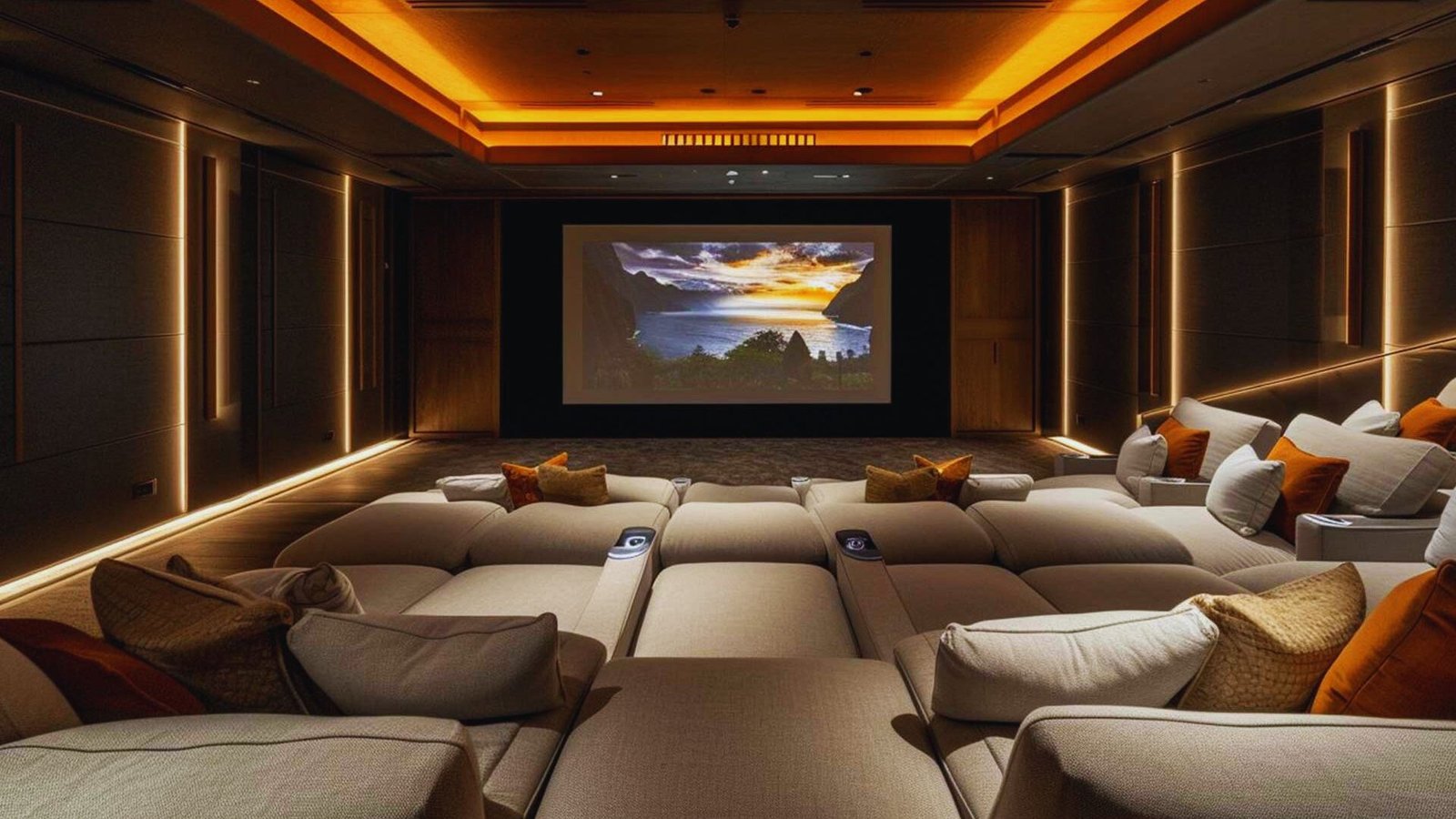 Luxurious home theater with plush beige seating, soft lighting, and a large screen displaying a serene coastal landscape at sunset. Cozy ambiance.