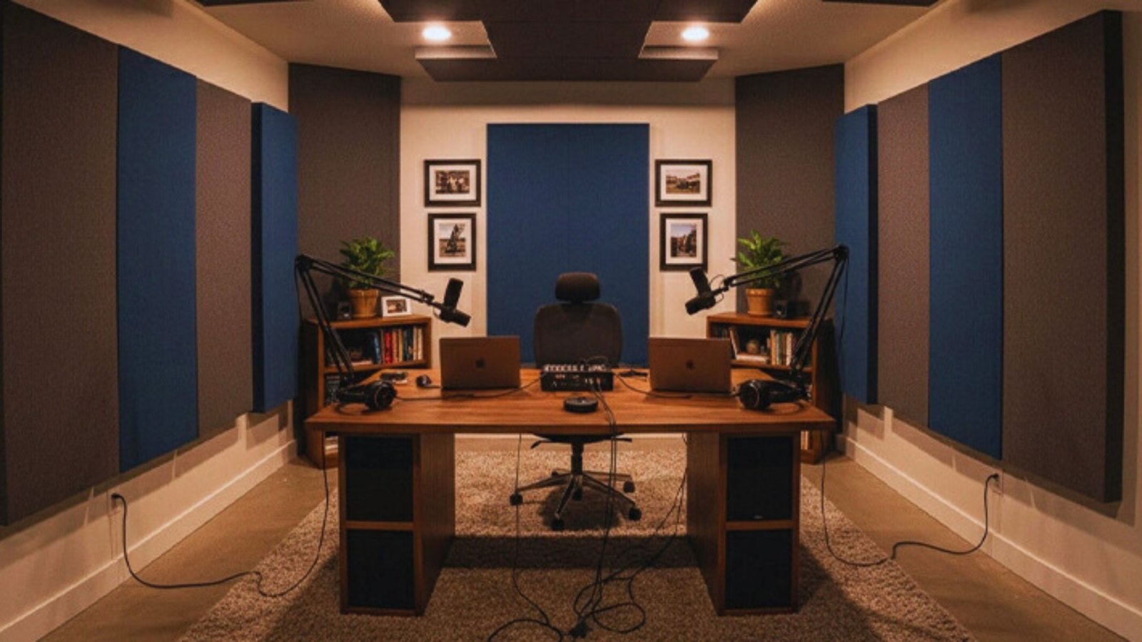 A cozy podcasting studio with a wooden table, two laptops, microphones, and headphones. Acoustic panels and framed photos adorn the walls, creating a professional atmosphere.