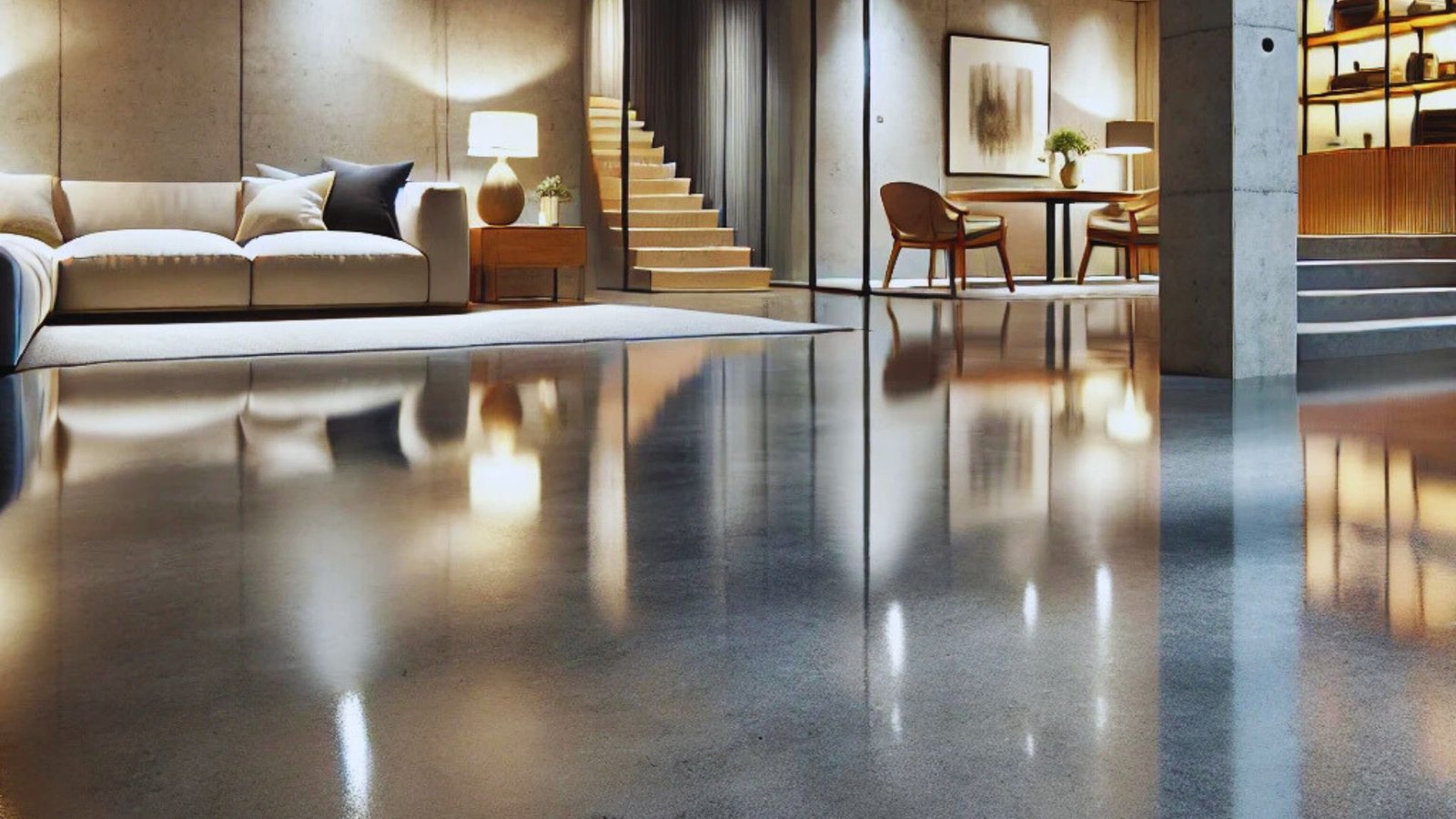 Modern interior with polished concrete floors reflecting ambient lighting. Features a beige sofa, wooden table, and staircase, creating a cozy yet sleek atmosphere.