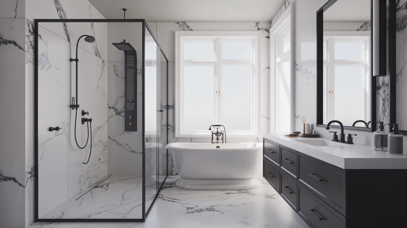 Contemporary bathroom with a glass shower, freestanding bathtub by large windows, and a sleek black double vanity. Marble surfaces add elegance.