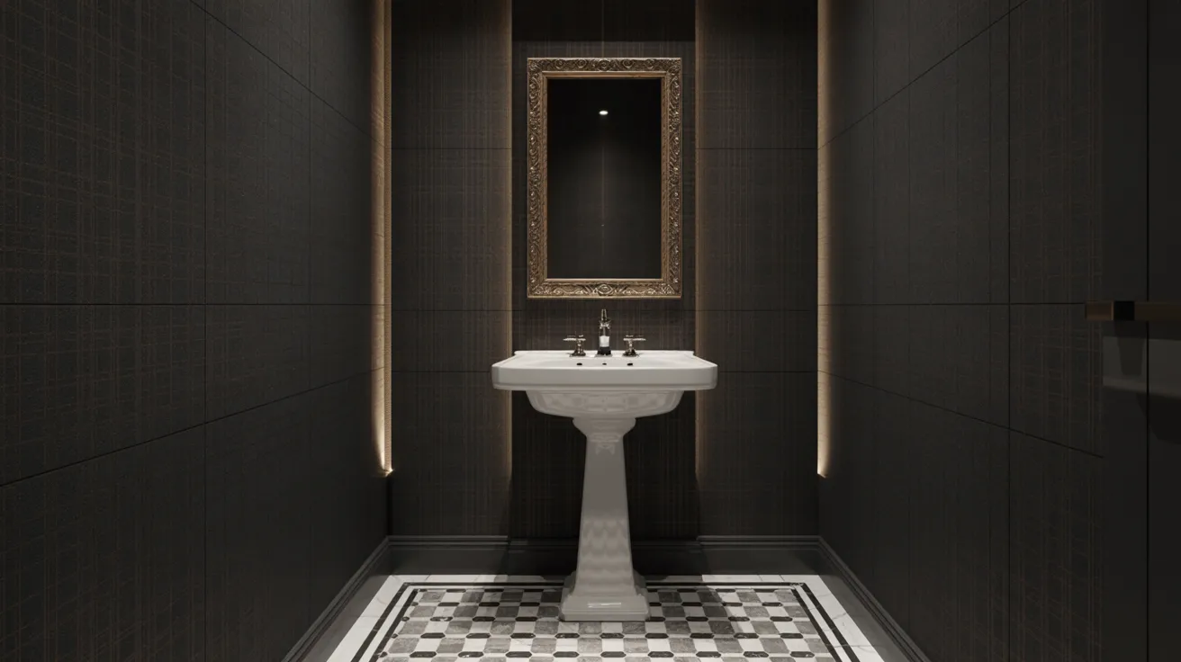 Elegant bathroom with dark walls, soft lighting, and a pedestal sink. A framed mirror is above the sink, and checkered tiles cover the floor.