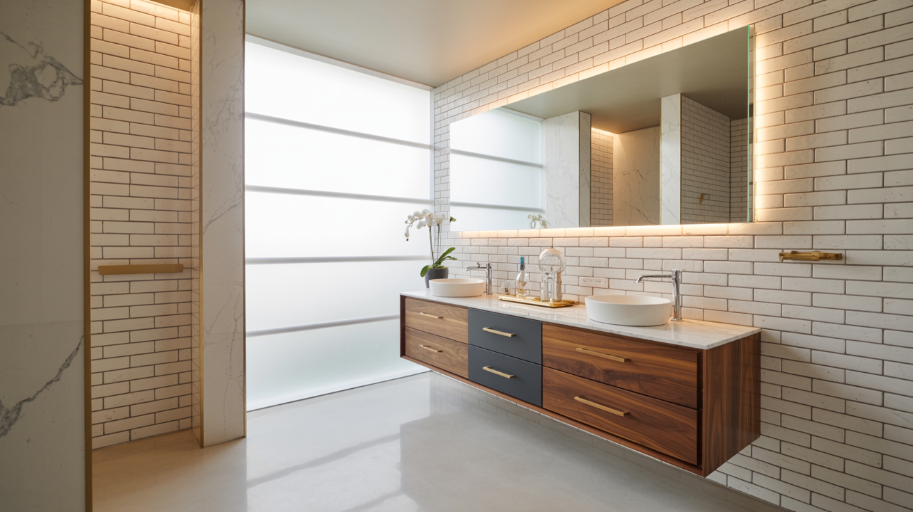 Modern bathroom with a sleek floating wooden vanity featuring dual sinks and mirrors with backlighting. Soft ambiance from a frosted glass wall.