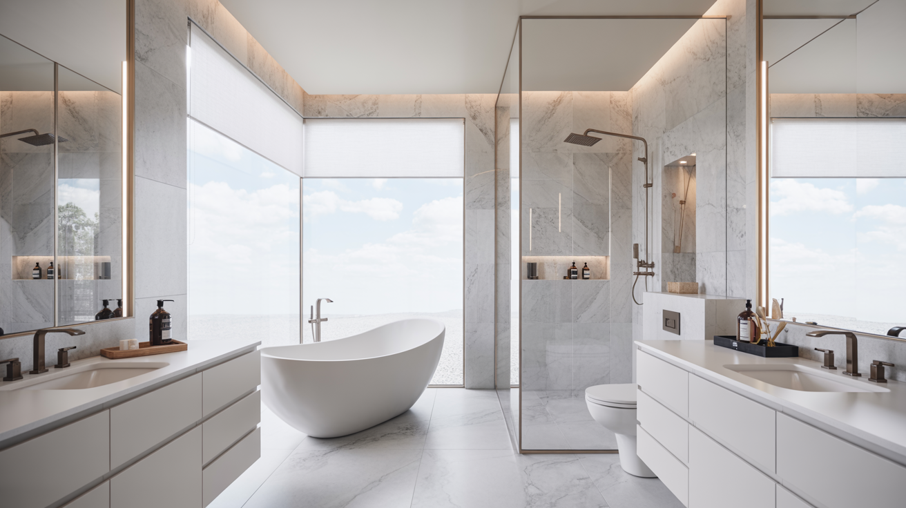 Modern bathroom with a freestanding tub by large windows, glass-enclosed shower, and double sinks on a marble countertop. Minimalist and serene ambiance.