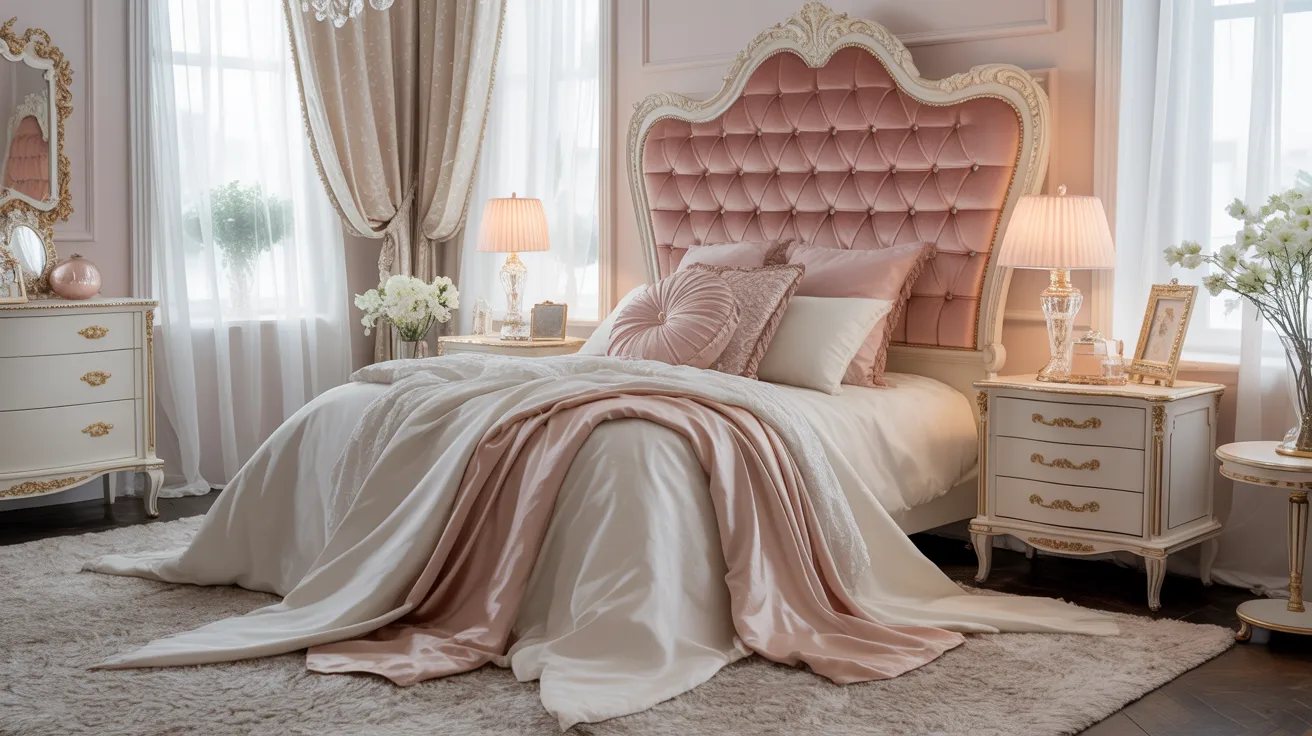 Luxurious bedroom with a pink tufted headboard, plush pillows, elegant cream and pink bedding, flanked by ornate nightstands and soft lighting.