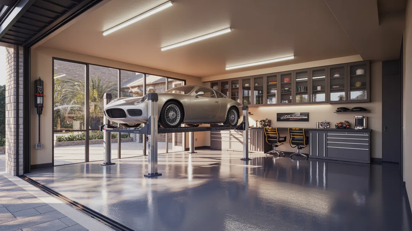 A sleek silver sports car on a lift in a pristine garage with polished floors, large windows, cabinets, and two chairs, conveys a modern, organized vibe.