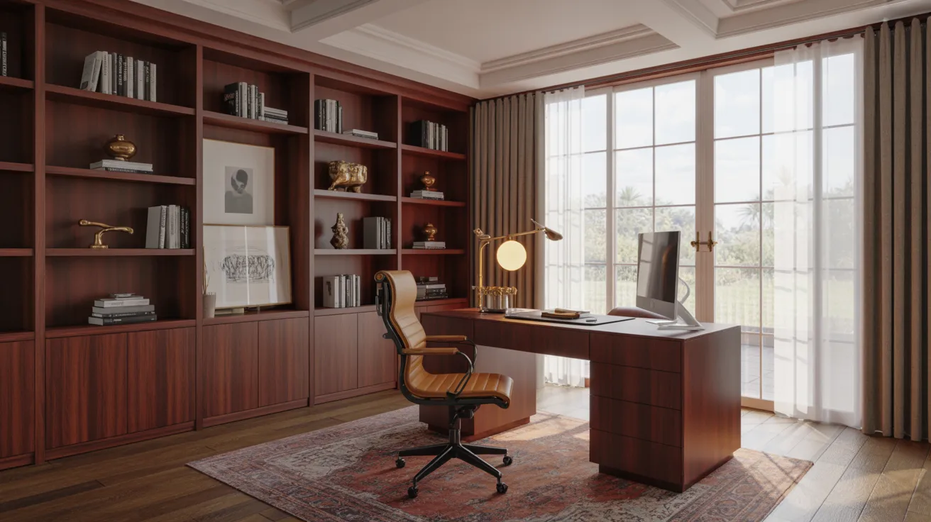 Sophisticated home office with wood bookshelves, a leather chair, and a large desk. Sunlight filters through curtains, creating a warm, inviting ambiance.
