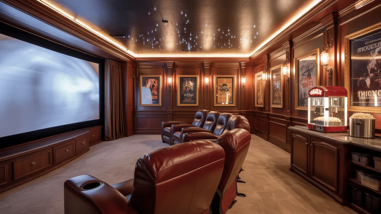 Luxurious home theater with plush red leather recliners, large screen, movie posters on wood-paneled walls, and a popcorn machine, creating a cozy, cinematic ambiance.