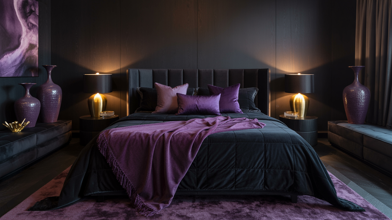 A luxurious bedroom with a dark palette features a black bed, purple pillows, and a purple throw. Soft lighting from side lamps creates a cozy ambiance.