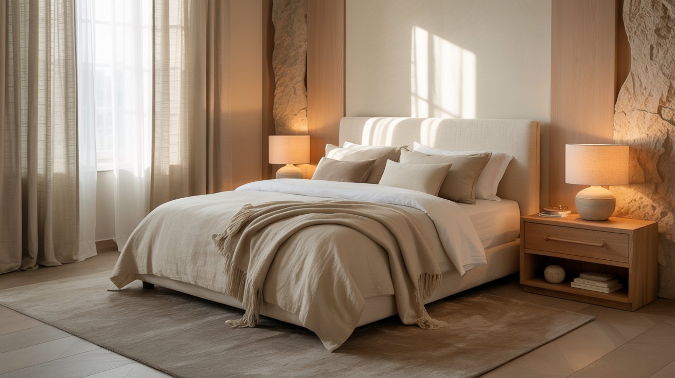 Cozy bedroom with a beige color scheme, featuring a bed with layered blankets, soft pillows, and wooden nightstands with lamps. Sunlight streams in through large windows.
