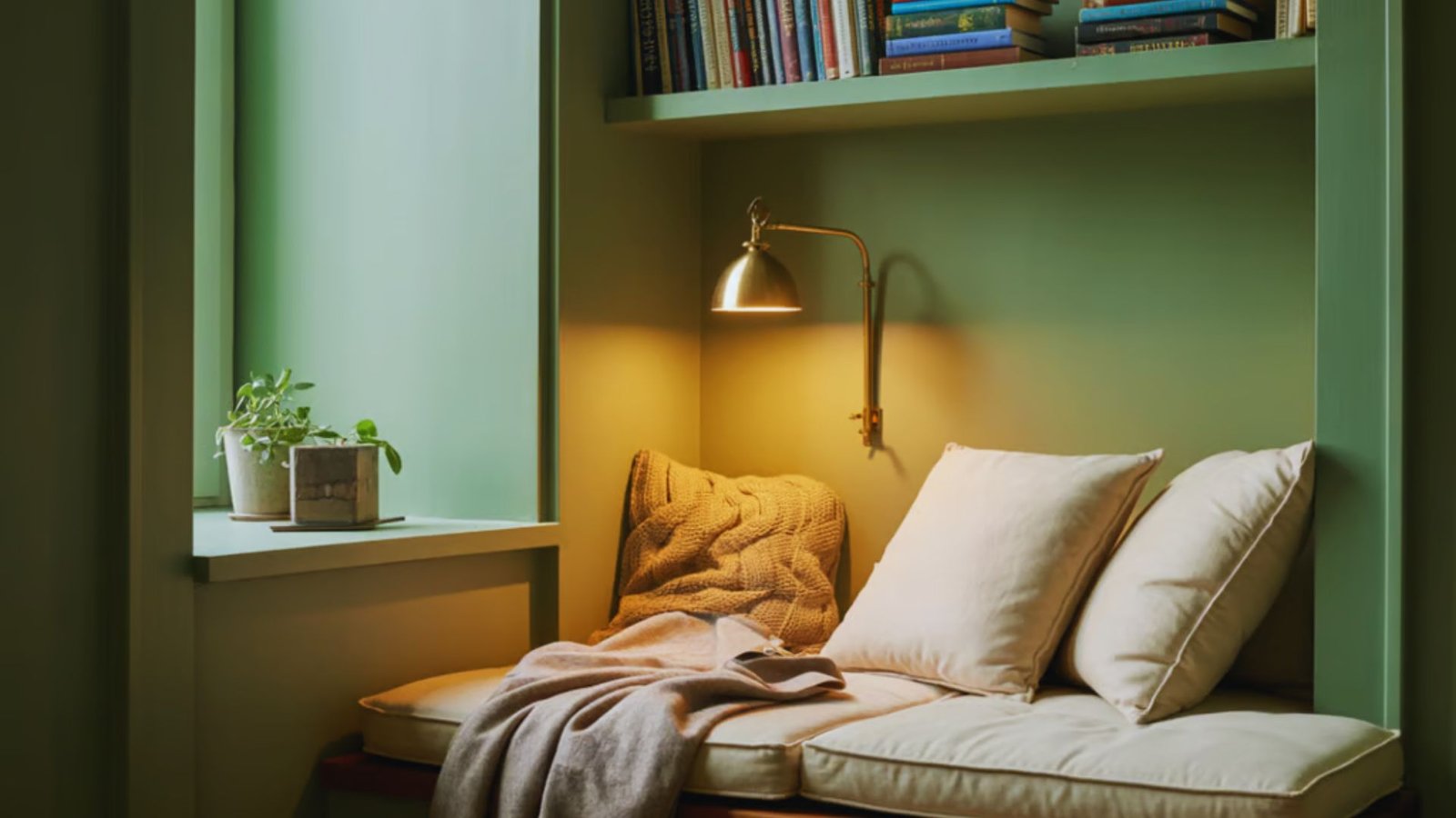 Cozy reading nook with a green wall, beige cushions, and a warm blanket beneath a glowing brass lamp. Books and a potted plant add a tranquil vibe.