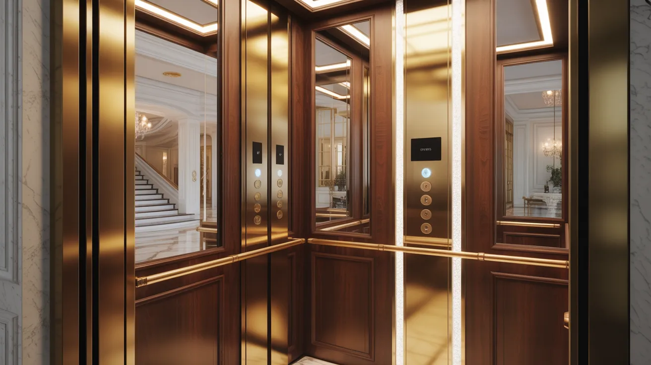Luxurious elevator interior with warm wood paneling and brass accents. Mirrors reflect the elegant lobby, featuring a grand staircase and chandeliers.