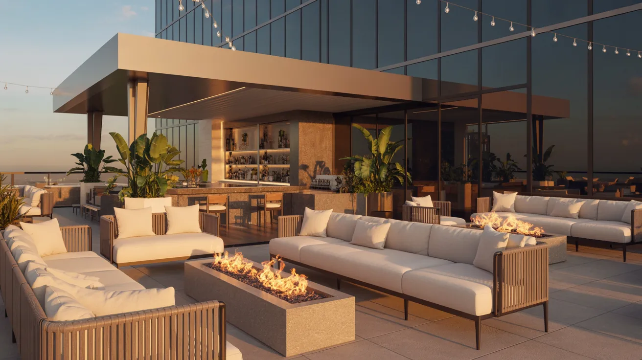 Luxurious rooftop lounge with modern sofas, fire pits, and a bar. String lights and plants create a cozy, warm ambiance at sunset.