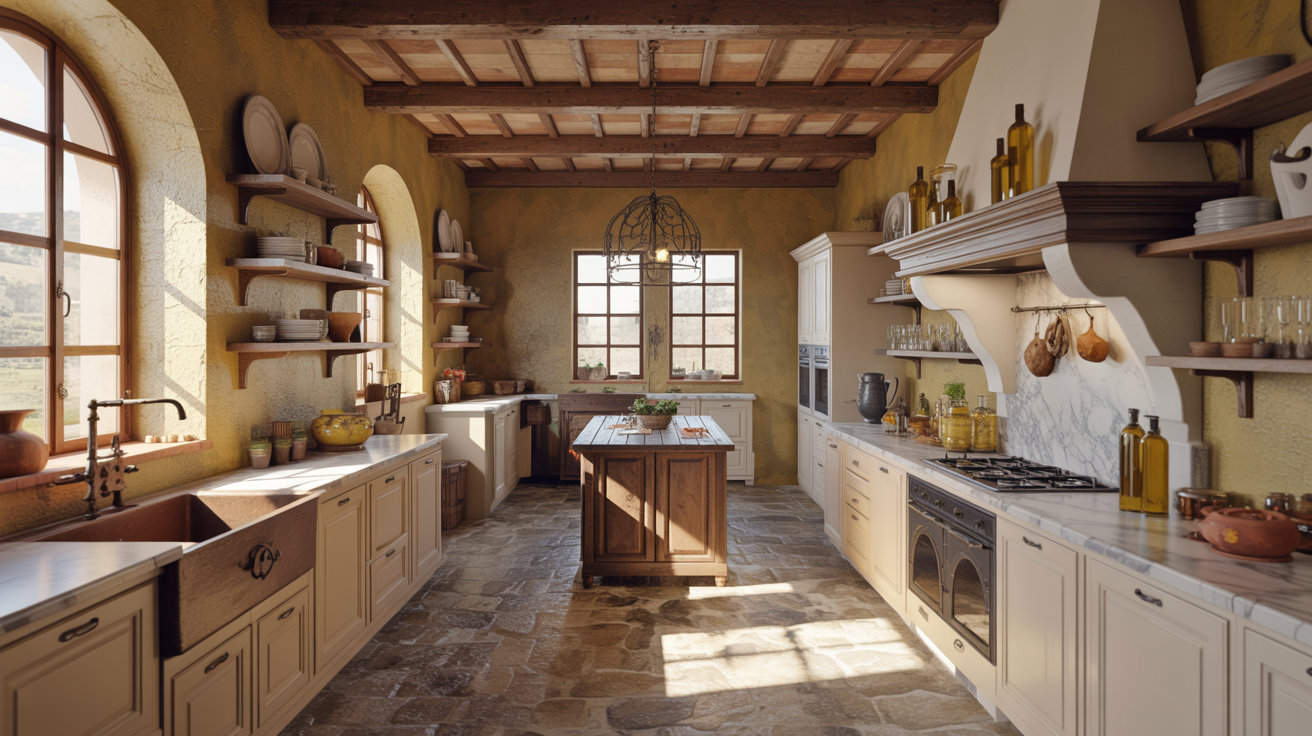 Rustic kitchen with warm tones featuring stone flooring, wooden beams, and large windows. Sunlit shelves hold pottery and utensils, creating a cozy ambiance.