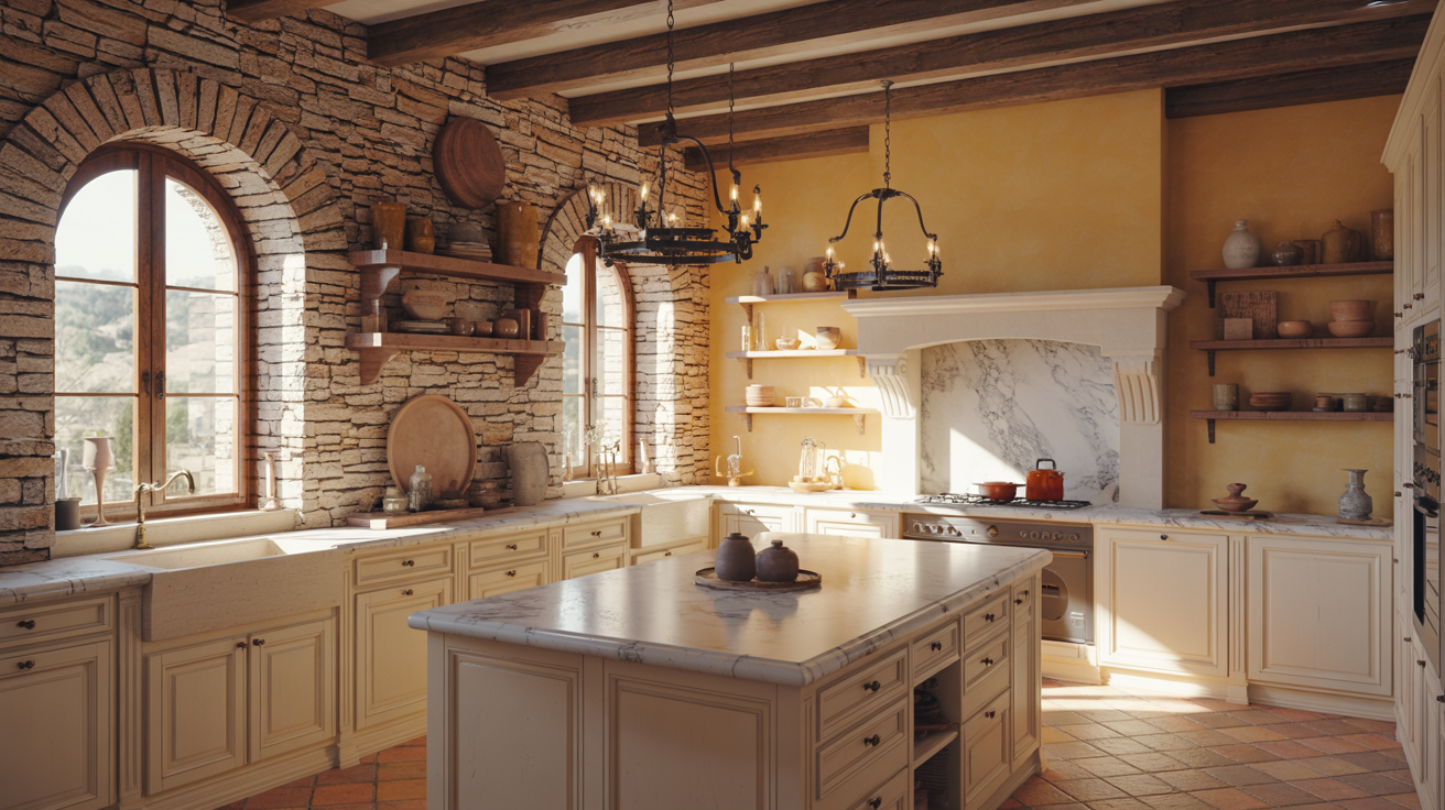Rustic kitchen with brick walls, wooden beams, and large arched windows casting natural light. Features a marble island, open shelves, and vintage decor./></p>
<p>A stone accent wall adds raw texture and depth to any kitchen.</p>
<p>You can use full stone or a stone veneer for a lighter option. It pairs well with wooden shelves and wrought iron fixtures. Even a small stone feature wall behind the stove can make a big impact.</p>
<h3>5. Hammered Copper Range Hood Italian Villa Kitchen</h3>
<p><img decoding=