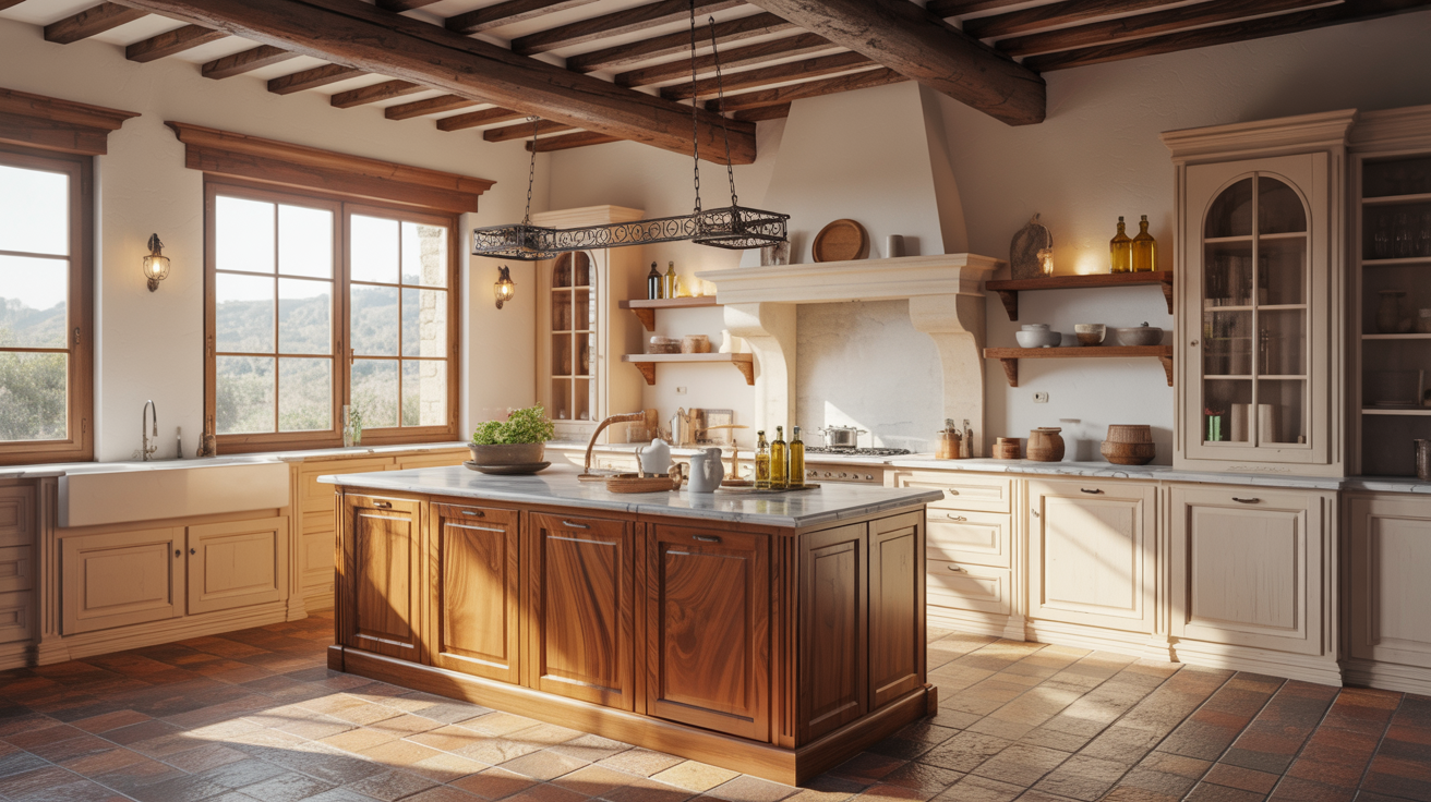 A rustic kitchen bathed in warm sunlight features wooden beams, cream cabinets, and a large island. Elegant shelves display kitchenware, creating a cozy ambiance. /></p>
<p>A solid wood island brings warmth and function to the center of the kitchen.</p>
<p>Choose a chunky, thick-topped island with a natural finish. Add storage below with open shelves or simple cabinet doors. A wooden island also pairs well with stone or marble countertops elsewhere in the kitchen.</p>
<h3>12. Warm Neutral Color Italian Villa Kitchen</h3>
<p><img decoding=