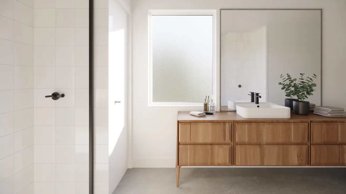 Minimalist bathroom with wood vanity, white basin, and black faucet. Large mirror, frosted window, potted plant, and neatly stacked towels create a serene ambiance.