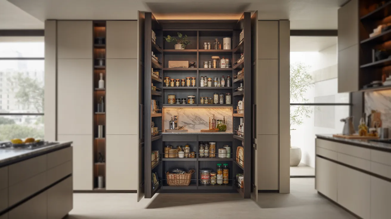 Modern kitchen with sleek cabinetry, featuring an open pantry stocked with jars, baskets, and containers. Bright, organized, and inviting space.