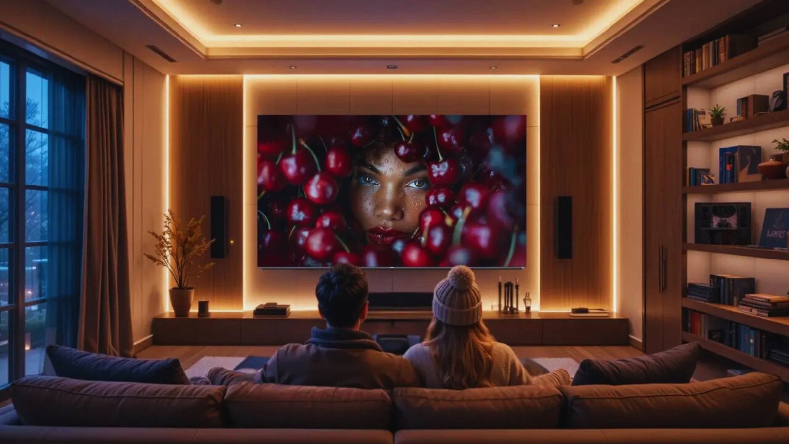 A couple sitting on a sofa in a modern living room, watching a large TV displaying a close-up of a face surrounded by cherries. The room has warm lighting and a cozy, relaxed atmosphere.